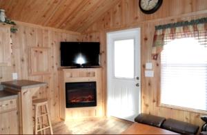 Il comprend un salon doté d'une cheminée, d'une télévision et d'une cuisinière. dans l'établissement Cozy Cabin Rental near the Custer State Park in South Dakota, à Sundance