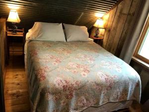 ein Schlafzimmer mit einem Bett in einem Zimmer mit zwei Lampen in der Unterkunft Beautiful Waterfront Cabin with Hot Tub near Winston-Salem, North Carolina in Elkin
