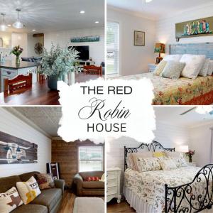 a collage of pictures of a red robin house at Modern Farmhouse Escape with Patio & Fire Pit in Bryan, Texas in Bryan