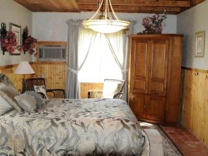 ein Schlafzimmer mit einem Bett und einem großen Fenster in der Unterkunft Rustic Waterfront Cottage Rental on the Guadalupe River in Texas in Schumannsville