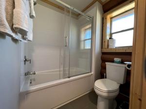 a bathroom with a toilet and a glass shower at Rustic-Chic Log Cabin with King Bed & Kitchen | Bonners Ferry, Idaho Retreat in Bonners Ferry