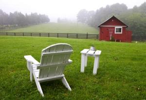 a chair and a table in a field with a red barn at Two-Bedroom, One Bathroom Cottage on 250-Acre Cattle Farm for Getaway near Richmond, Virginia in Howardsville