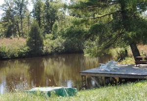 a dock with a bench next to a lake at Two-Bedroom, One Bathroom Cottage on 250-Acre Cattle Farm for Getaway near Richmond, Virginia in Howardsville +12 photos