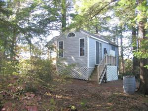 a small blue house with a staircase in the yard at Little Diamond Island - on Private Island in Frenchs Corner +16 photos