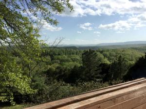 a view of a forest from a wooden fence at Secluded Cabin Rental near the Spectacular Ozarks of Arkansas in Duff