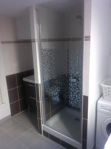 una ducha con puerta de cristal en un baño en Colombe, en LʼIsle-sur-la-Sorgue