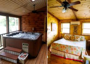 een slaapkamer met een hottub in een blokhut bij Log Cabin Rental with a Porch near Shenandoah National Park, Virginia in Grove Hill +15 foto's