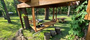 una casa en el árbol con un columpio en un parque en Tree House Glamping Destination near the Ozarks, with River Access for Swimming and Fishing, en West Liberty