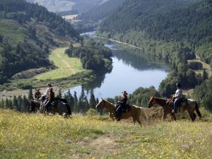 a group of people riding horses on a hill overlooking a river at Secluded Cabin Ideal for a Romantic Getaway in the Umpqua River Valley of Oregon in Elkton +1 photo