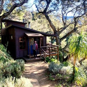 a man standing on the porch of a tiny house at Mountain Cabin with Canyon Views near Pfeiffer Big Sur State Park, California in Notleys Landing