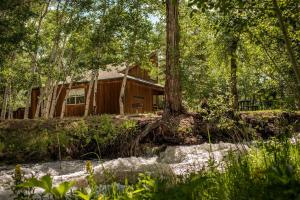 a log cabin in the woods with trees at Beautiful Secluded Cabin with a Hot Tub near Monarch Mountain in Colorado in Monarch