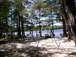un'altalena su una spiaggia con alberi e acqua di Cozy Cottage Rental with Lovely Beach Views on Halfmoon Lake, New Hampshire a New Durham
