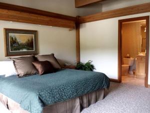 a bedroom with a blue bed in a room at Amazing Mountainside Vacation Rental with Private Hot Springs in Hamilton, Montana in Darby