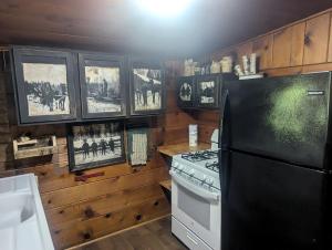 a kitchen with a black refrigerator and a stove at Secluded Cabin Rental with Fireplace on Moose Lake near Eau Claire, Wisconsin in New Post +3 photos