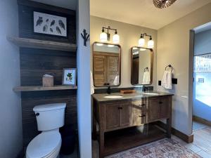 a bathroom with a toilet and a sink and mirrors at Lakefront Cabin with Fire Pit in Carbondale, Illinois in Makanda +14 photos