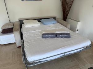 Una cama con dos almohadas encima en una habitación. en Beautiful F2 pool in Islette du Riou, en Mandelieu-la-Napoule 15 fotos más