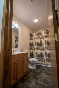 Un baño con inodoro, lavabo y espejo. en Cabin in the woods w/ WIFI close to Monongahela National Forest, en Riverton
