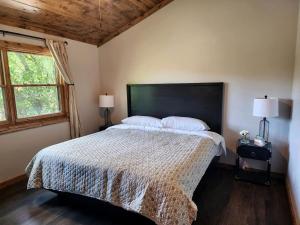 ein Schlafzimmer mit großem Bett und Fenster in der Unterkunft Gorgeous Secluded Wooden Cabin in Carbondale, Illinois in Etherton