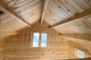 CantwellにあるRemote and Serene Lakefront Cabin in Cantwell, Alaska, with Gorgeous Views of Nations Mountainの木製の天井と窓が備わる客室です。