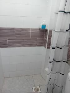 a bathroom with a toilet and a shower curtain at Belaire Bnb one bedroom in Thindigua kiambu road in Kiambu +9 photos