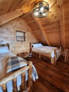 DeersvilleにあるLuminous Cabin with Hot-Tub, BBQ and Deck in Ohioの丸太小屋のベッドが2つある寝室