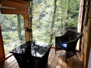 a screened in porch with a glass table and chairs at Romantic Cabin Rental Overlooking Otter Creek in the Adirondacks of Upstate New York in Greig