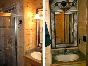 twee foto's van een badkamer met een wastafel en een douche bij All Season Romantic One-Room Cabin on Moody Pond, in Upstate New York in Saranac Lake