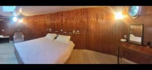 a bedroom with a white bed and a mirror at Chez Gabrielle - Cabine du marinier Luxe Péniche AINOS LOUANGES cadre exceptionnel in Auxerre
