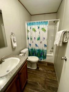 a bathroom with a toilet and a shower curtain at Unique Cottage Close to Fantastic Hiking Trails in Dunnellon, Florida in Dunnellon