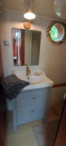 a bathroom with a sink and a mirror at Chez Gabrielle - Cabine du marinier Luxe Péniche AINOS LOUANGES cadre exceptionnel in Auxerre