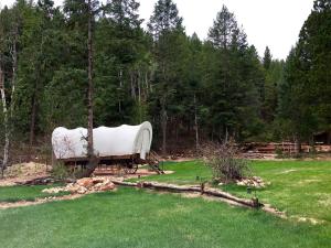 una grande barca bianca seduta in mezzo a un campo di Traditional Conestoga Wagon Perfect for a Family Getaway near Zion National Park, Utah a Alton
