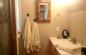 a bathroom with a sink and a mirror at Simple and Cozy Cabin Rental on Private Ranch Retreat near Austin, Texas in Waelder