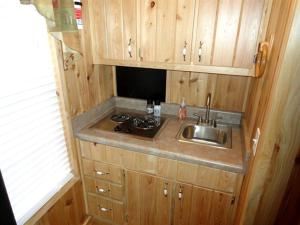 a small kitchen with a sink and a stove at Unique Cabin Rental Nestled in the Charming Town of Sundance, Wyoming in Sundance