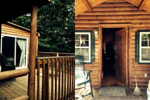 a wooden cabin with a porch and a door at Romantic Cabin Rental with Wi-Fi near Lake Ontario in Sackets Harbor, New York in Sackets Harbor