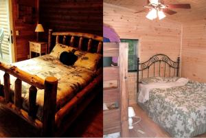 two pictures of a bedroom in a log cabin at Romantic Cabin Rental with Wi-Fi near Lake Ontario in Sackets Harbor, New York in Sackets Harbor +10 photos