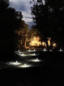Tienda iluminada en un parque por la noche en Secluded Bell Tent Nestled in the Pines in Duchesne, Utah, en Fruitland