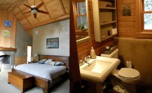 a bedroom with a bed and a sink and a toilet at Immaculate Cabin Rental with a Hot Tub next to Lake Pend Oreille in Bonner County, Idaho in Broten