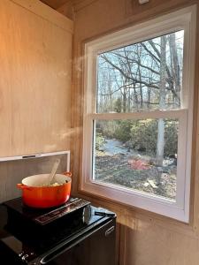 a pot on a stove in a kitchen with a window at Friendsville Renovated Container Rental, for True Glamping Experiences in Maryland in Friendsville