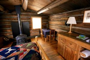 a bedroom with a stove in a log cabin at Private Mountain Cabin for Unique Camping Experience in Clark, Colorado in Columbine