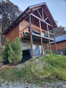 a house with a dog sitting on a balcony at Group Friendly Cabin with Spa on the Deck in Ohio in Deersville