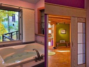 a bathroom with a tub and a room with a window at Luxury Mountain Cabin Rental on Rockfish Gap River near Charlottesville, Virginia in Wintergreen +19 photos