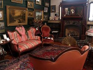 a living room with a couch and chairs and a fireplace at Elegant Room for a Romantic Getaway near Warren, Pennsylvania in Russell