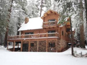a log cabin in the woods in the snow at Family-Friendly Log Cabin Rental in California's Gold Country near Sacramento in Barton