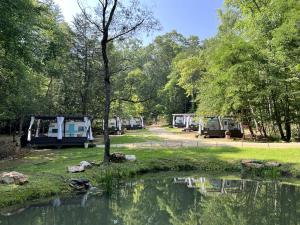 eine Gruppe von Kamelen, die neben einem Teich geparkt sind in der Unterkunft Dream Glamping at Adult-Only Vintage Camper Destination in Franklin, North Carolina in Franklin