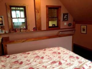 a bedroom with a bed and a mirror at Delightful Guest House Cabin in the Adirondacks in North River