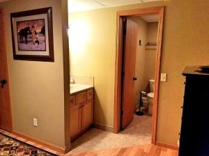 a bathroom with a sink and a toilet and a mirror at Roomy Vacation Rental for Two with a Private Bathroom near Cedar Rapids, Iowa in Montezuma