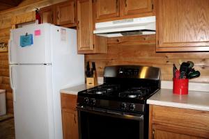 a kitchen with a stove and a white refrigerator at Charming Cabin Rental in the Forest near Beckley, West Virginia in Hico