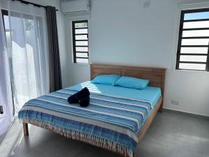 a bedroom with a bed with blue pillows at The Royal Vista by SOV in Grand-Baie +22 photos