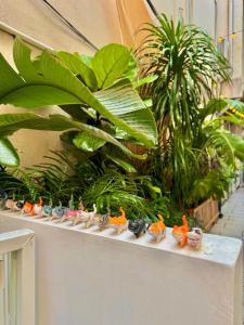 Una fila de pájaros de goma sentados en una repisa en Sinanli Flower House Courtyard, en Jiazaiwei