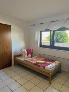 a bed in a room with a window at Frisch renovierte Ferienwohnung in Bad Schönborn in Bad Schonborn